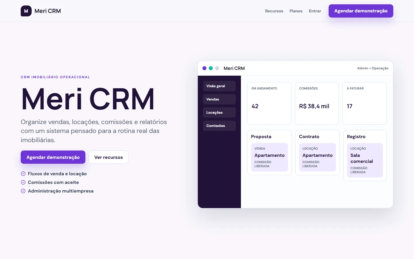 Página do produto Meri CRM